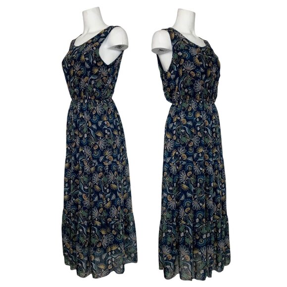 Lara Guidotti Dress L Navy Blue Floral Sleeveless Ruffle Midi Silk Blend Italy - Picture 2 of 12